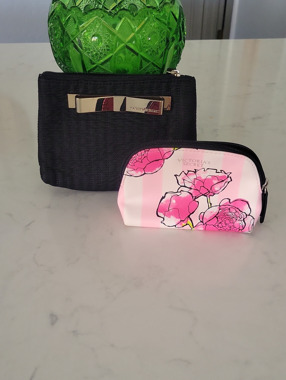 Victoria's Secret Black Quilted Zip Pouch with Gold Bow & Pink Mini Pouch